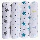 haus & kinder Twinkle Collection Cotton Muslin Swaddle Wrap for New Born Baby (Pack of 4, Anchor + Dots + Turquoise + Grey)