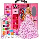 Barwa 73 Accessories for 11.5 Inch 28 - 30 CM Girl Doll: 1 Fashion Closet Wardrobe + 1 Shoe Rack + 16 Dresses Clothes + 10 Pcs Shoes + 10 Hangers + 6 Necklace + 6 Crowns + 23 Accessories