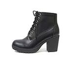 Soda Second Lug Sole Chunky Heel Combat Ankle Boot Lace up w/Side Zipper (7.5, Black PU)