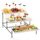 Lifewit 3 Tiered Serving Tray for Party Supplies, 12" x 6.5" Plastic Platters for Serving Food, White Reusable Trays with Black Mental Display Stand for Veggie, Fruit, Cookies, Dessert