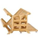NOVAYEAH Bamboo Dish Drying Rack with Utensil Holder, Collapsible Wooden Dish Drainer Rack, 3-Tier Large Folding Drying Holder for Kitchen Counter