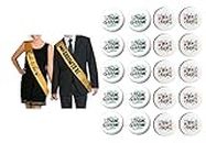 Hubops Bride to be sash & Groom to be sash with 10 pcs Team Bride pin Badge & 10 pcs Team Groom pin Badge for Party Decoration Combo Pack (design 2 gold)