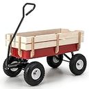 Goplus Garden Cart with Wood Railing, 10” All-Terrain Pneumatic Wheels, Rotatable Handle, Heavy-Duty Utility Wagon Cart, Outdoor Cargo Wagon for Farm Garden Orchard Camping, 330 LBS Weight Capacity