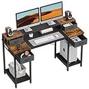 YAOHUOO 55 Inch Computer Desk with Dual Monitor Shelf, Office Desk with 4 Fabric Drawers and CPU Stand, Work Table with Storage Shelves for Study Writing Home Office(Rustic Brown)