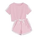 OFIMAN Kids Girls Short Sleeve T-shirt Crop Tops and Shorts Set Summer Tracksuit Sport Clothing Sets(Pink, 12-14Years)