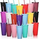 Honeydak 30 Pack Tumbler with Straw and Lid Bulk Water Bottle Iced Coffee Travel Mug Cup Reusable Plastic Cups for Parties Birthdays 24-27 oz (Solid Color)