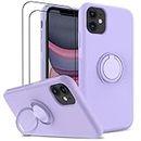 LeYi Silicone Case for iPhone 11 6.1" with 2 Tempered Glass Screen Protectors Ring Holder Liquid Soft TPU Shockproof Back Phone Cover for iPhone 11 Purple