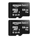 Amazon Basics MicroSDXC, mit SD Adapter, A2, U3, Lesegeschwindigkeit bis zu 100 MB/s, 64 gb (2 Stück), Schwarz