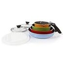 Neoflam Midas 9-piece Ceramic Nonstick Cookware Set with Detachable Handle, Multicolored, Space-Saving