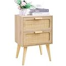 YAUKOMEL Rattan Nightstand, Wood End Table, Side Table with 2 Hand Made Rattan Decorated Drawers,Boho Bedside Table,Wood Accent Table with Storage for Livingroom, Bedroom, Natural CAACTG59Y