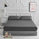 Fitted Bed Sheet With FREE MATCHING 2 X PILLOW CASES Poly Cotton Percale Easy Care Plain Dyed Bed Sheet Grey Double