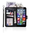 Gadget Giant® Microsoft Lumia 640 Full Wallet - Hand Made Leather Pocket Wallet Case Cover in Book Style with Screen Protector Film & Lanyard - Black