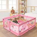 Baybee Playard Playpen for Babies, Smart Folding & Portable Baby Activity Play Area for Kids Indoor with Lock & Suction Cup, Play Gate Fence Playard for Kids Toddlers to 5 Years (150 x 150Cm, Pink)