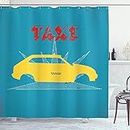 Retro Shower Curtain, An Old Cab Car with Grunge Taxi Typography Automobile 90s Graphic Design, Fabric Bathroom Decor Set with Hooks, 70 Inches, Petrol Blue Yellow