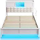 Rolanstar Bed Frame Queen Size with Charging Station, Bookcase Headboard Bed with LED Light and Sliding Doors, Platform Bed with Wooden Slats, No Box Spring Needed, Noise Free, White