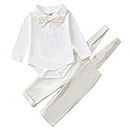 SOBOWO Newborn Boy Wedding Outfits Baby Gentleman Outfit Long Sleeve Romper Bowtie Suspenders Pants for Wedding Baptism, Infant Tuxedo Sets(Beige Long Sleeve, 0-3 Months)