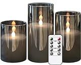 GenSwin Gray Glass Battery Operated Flameless Led Candles with 10-Key Remote and Timer, Real Wax Candles Warm White Flickering Light for Home Decoration(Set of 3)