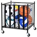 VEVOR Rolling Sports Ball Storage Cart, Lockable Basketball Cage with Elastic Straps, Sport Equipment Holder Organizer for Indoor Outdoor, Steel Storage Rack for Garages, Playgroup, Gym and Schools