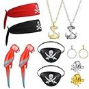 Provone 12Pcs Pirate Costume Accessories Set Pirate Headband Eye Patch Pirate Anchor Necklace Hoop Earrring Inflatable Parrot Halloween Cosplay