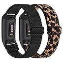 AMCC 2 Pack Stretchy Straps Compatible with Fitbit Charge 3 Strap/Charge 4 Strap, Soft Adjustable Elastic Replacement with Stylish Pattern, Nylon Woven Sport Wristband for Women Men (Black,Leopard)