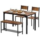 SDHYL Dining Table Set, Two Chairs and One Bench 4 Pieces Set Wooden Table Top with Metal Legs for Breakfast in Living Room, Kitchen Room, Dining Room,Space Saving Kitchen Table Set, Rustic Brown