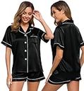 SWOMOG Womens Silk Satin Pajamas Set Two-piece Pj Sets Sleepwear Loungewear Button-Down Pj Sets, Black, Medium