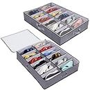 Nwvuop 2 Pack Under Bed Shoe Storage Organiser Box with Clear Lid Foldable Under Bed Shoes Bag, Fits 24 Pairs Grey