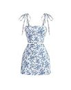 Floerns Women's 2 Piece Outfit Floral Print Tie Shoulder Cami Top with Skirt Set Blue and White Medium