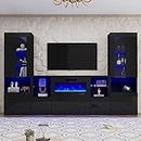 AMERLIFE 3 Piece Modern High Gloss Fireplace TV Stand + Bookcase Set for Living Room Includes 68" TV Stand with 40" Fireplace, 2 X Bookcase Storage Cabinet with Doors & 20 Colors LED Lights, Black