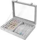 BucketList ® Ring Earring Necklace Jewelry Storage Organizer 6 Hooks Necklace Organizer & 10 Slot Ring Holder Clear Glass Lid Display Storage Case with Lock (Grey)