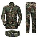 H World Shopping Military Tactical Mens Hunting Combat BDU Uniform Suit Shirt & Pants with Belt Woodland Camo (2X-Large)