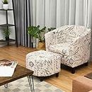 Giantex Modern Accent Chair with Ottoman, Upholstered Barrel Tub Chair and Footrest Set, Linen Fabric Club Arm Chair w/Solid Wood Legs, Ideal for Living Room, Bedroom, Garret