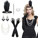 Roontin 1920 Accessories Set - 1920s Fashion Flapper Headband Long Gloves Pearl Necklace Earrings, Vintage Gatsby Accessories Set for Women