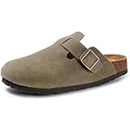 UAAQV Antislip Sole Support and Adjustable Buckle Boston Clogs for Women Cow Suede Leather Cork and Mules Slippers Army Green