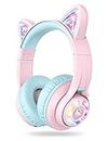 iClever BTH13 Bluetooth Kids Headphones with Mic, Over Ear Headphone Wireless Cat Ear Headphones for Girls Birthday Gift Safe Volume Limited, 45H Playtime Portable Headset for Tablet/PC, Pink
