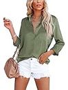 Homlan Blusa elegante de mujer con cuello en V de satén, mangas largas, estilo informal, camisa holgada de color sólido con bolsillo en el pecho, Verde militar., M