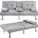 Yaheetech Convertible Sofa Bed Adjustable Fabric Couch Sleeper Modern Recliner Reversible Loveseat Folding Daybed Guest Bed, Removable Armrests, Cup Holders, 3 Angles, 772lb Capacity, Light Gray