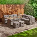 Rattan Garden Furniture Set With Firepit Table Outdoor Patio Sofa 8 Seater Grey