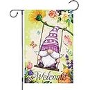 Louise Maelys Spring Floral Gnome Garden Flags 12 x 18 Inch Double Sided Vertical Burlap Flag Spring Gnome Swinging Home Decorative Garden Flags Flower Butterfly Outside Decor (Only Flag)