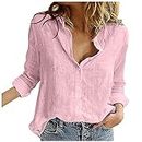 Ladies Long Sleeve Tshirts Summer Casual Collared Neck Solid Color Linen Tops Loose Fit Tees Dressy Going Out Blouse Button Clothes B-126