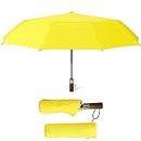 ECOHUB Travel Umbrella Windproof Strong with Compact Foldable, Automatic Open/Close, 10 Sturdy Ribs, Recycled PET Fabric, Wooden Handle & Ventilated Waterproof Canopy - Anti-Lost Sleeve, Yellow
