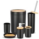 Set of 6 Complete Bathroom Accessories Set, Bathroom Set with Soap Dispenser, Toothbrush Holder and Cup, Soap Dish, Toilet Brush Holder, Trash Can, Bamboo and Plastic Bath Set Housewarming Gift