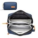 Tech Bag Organizer - Small Electronics Organizer Pouch for Travel - Premium Travel Case with Leather Accents - Mesh Pocket for Cables, Cords and Chargers (Navy)
