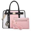 MKP Women Satchel Handbags Purses Two tone Top Handle Tote Shoulder Bags with Matching Wristlet Wallet Set 2pcs, Pink/White-1, 13.75"W x 11"H x 6.25"D