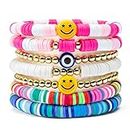 Y1tvei 7Pcs Heishi Surfer Bracelets Set Colorful Preppy Happy Smile Evil Eye Beaded Stretch Clay Stackable Boho Disc Y2K Kidcore Aesthetic Summer Beach Jewelry for Women Girls