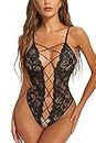 ADSEXY Lingerie for Women Deep V Neck Sexy Lace Teddy Bodysuit See Through Floral Mini Babydoll Sheer Naughty Underwear Black