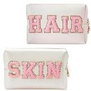 Kiswleon 2pcs Skincare Bag, Preppy Skincare with Skin and Hair Letter, Cute Makeup Bag, Preppy Things for Business Trip Holiday, Personalised Makeup Bag as Girls' Gift.