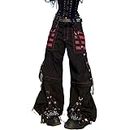 Women Gothic Cargo Jeans Wide Straight Leg Punk Grunge Baggy Pants Goth Aesthetic Y2k Streetwear Trousers(B2 - Black 4,L)