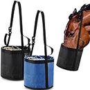 Wesnoy 2 Pcs Horse Feed Bags for Grain Horse Feed Bucket with Adjustable Strap and Waterproof Bottom for Horse Feeding (Black and Blue)
