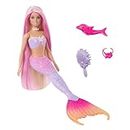 Barbie Mermaid Doll, “Malibu” with Pink Hair, Styling Accessories, Pet Dolphin and Water-Activated Color Change Feature, HRP97